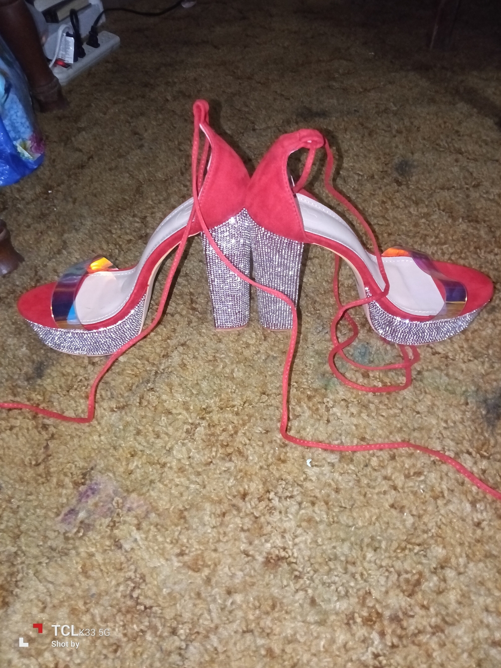 Red Rhinestone Platform Lace-Up Heels
